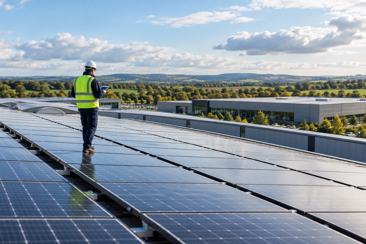 Solar panels covering the roof of a commercial building
