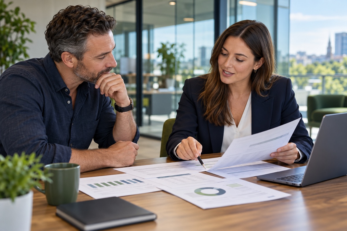 Business owner and energy adviser reviewing energy information together